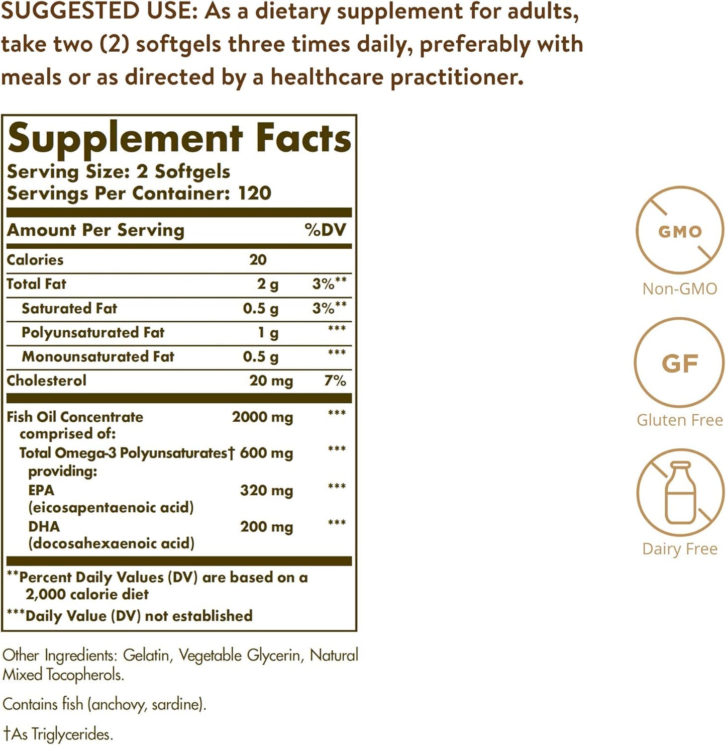Solgar Omega-3 Fish Oil Concentrate, 240 Softgels - Support for Cardiovascular, Joint & Brain Health - Contains EPA & DHA Fatty Acids - Non GMO, Gluten/ Dairy Free - 120 Servings
