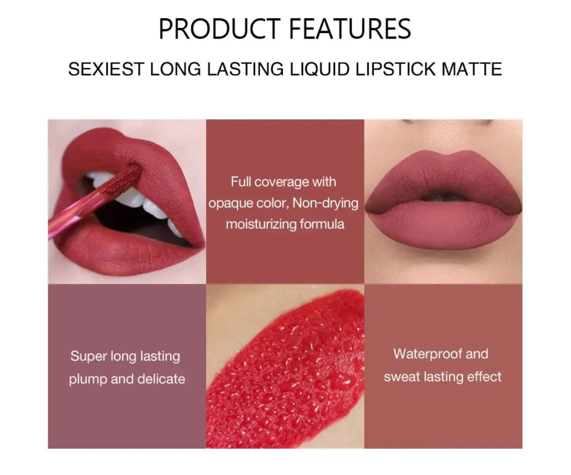 6Pcs Matte Liquid Lipstick Makeup Set, Matte Liquid Long-Lasting Wear Non-Stick Long Lasting Fade Resistant Waterproof Lip Gloss Smooth Shade Set(B)