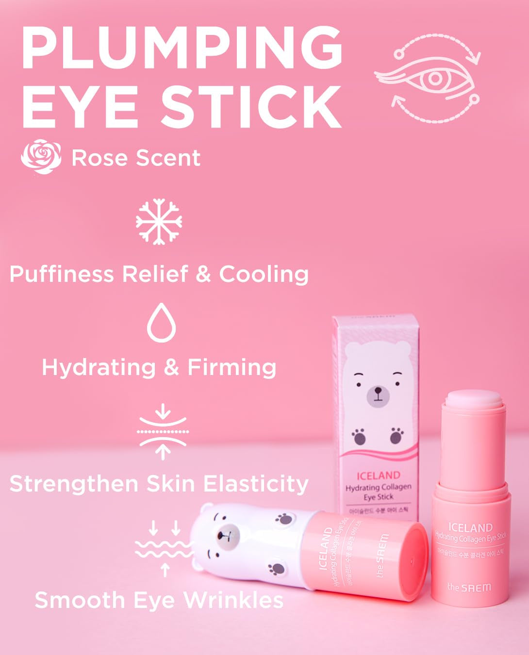 The SAEM Iceland Hydrating Collagen Eye Stick 0.24Oz - Anti-Wrinkle Moisturizing Eye Balm for Saggy Skin – under Eye Treatment - Balm to Smooth Skin Texture - Rose Scent