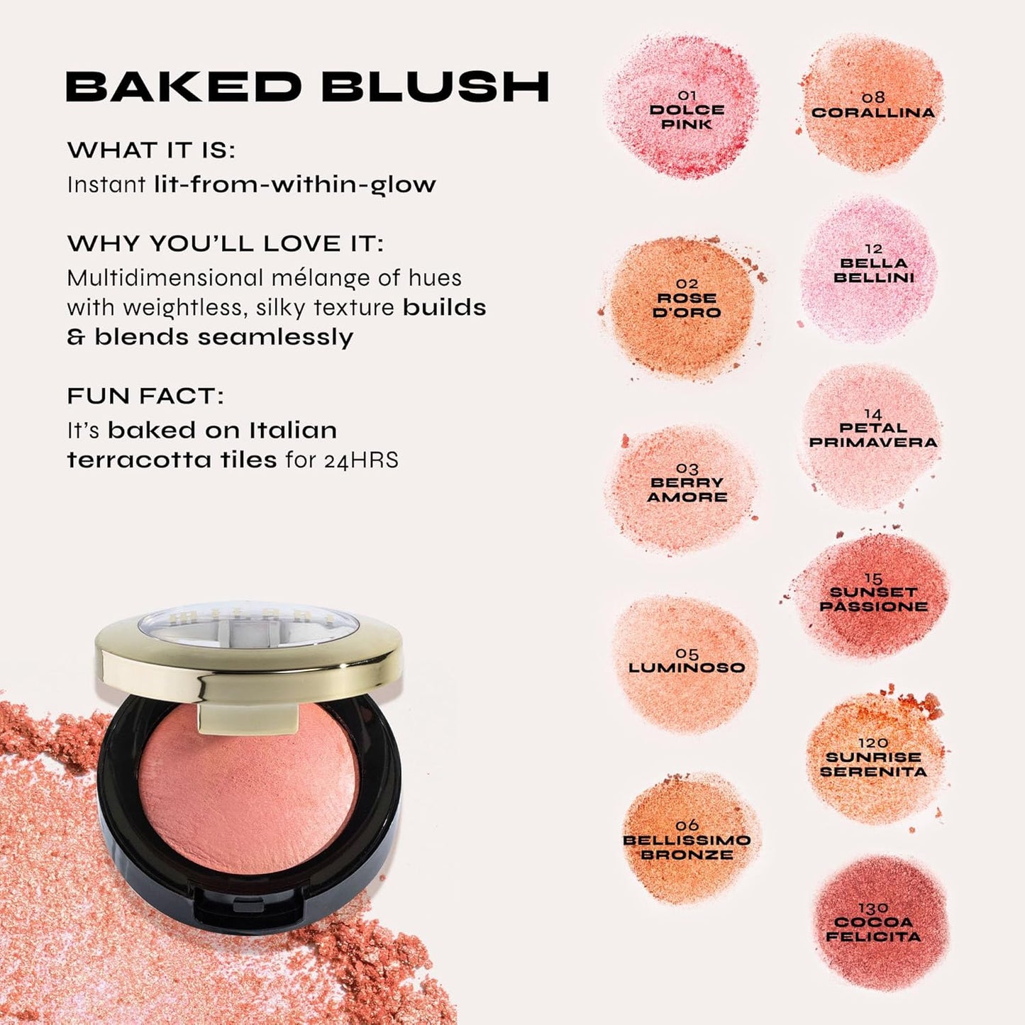 Milani Baked Blush - Dolce Pink (0.12 Ounce) Cruelty-Free Powder Blush - Shape, Contour & Highlight Face for a Shimmery or Matte Finish