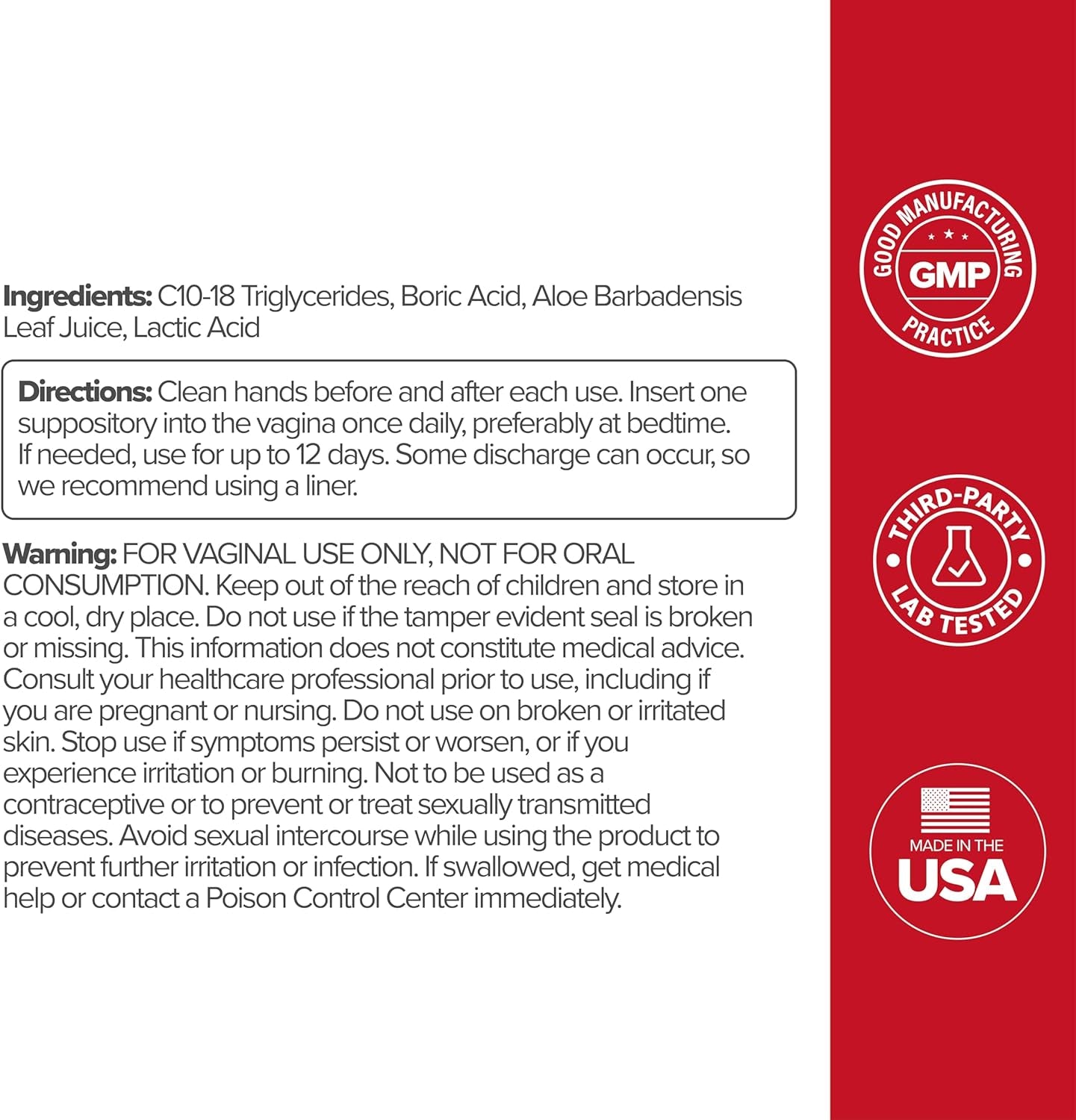 URO Boric Acid Vaginal Suppository – with Boric Acid, Lactic Acid, and Aloe for Fast Relief and Vaginal Odor Control – Vegan, Paraben-Free, Dye-Free, Fragrance-Free – 12 Count (Pack of 1)