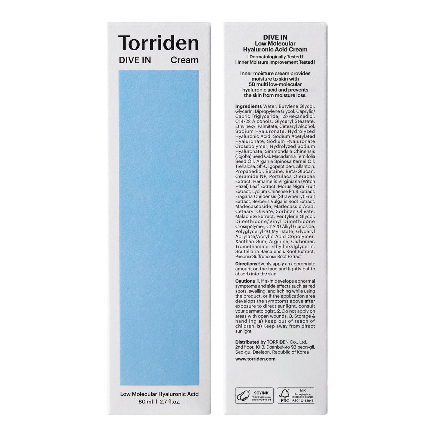 Torriden DIVE-IN Hyaluronic Acid Cream 2.71 Fl Oz | Facial Moisturizer for Sensitive, Oily Skin | Fragrance-Free, Alcohol-Free, Lightweight, No Colorants | Vegan, Clean, Cruelty-Free