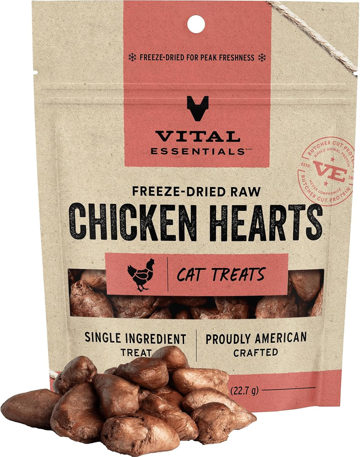 Vital Essentials Freeze Dried Raw Single Ingredient Cat Treats, Chicken Hearts, 0.8 OZ