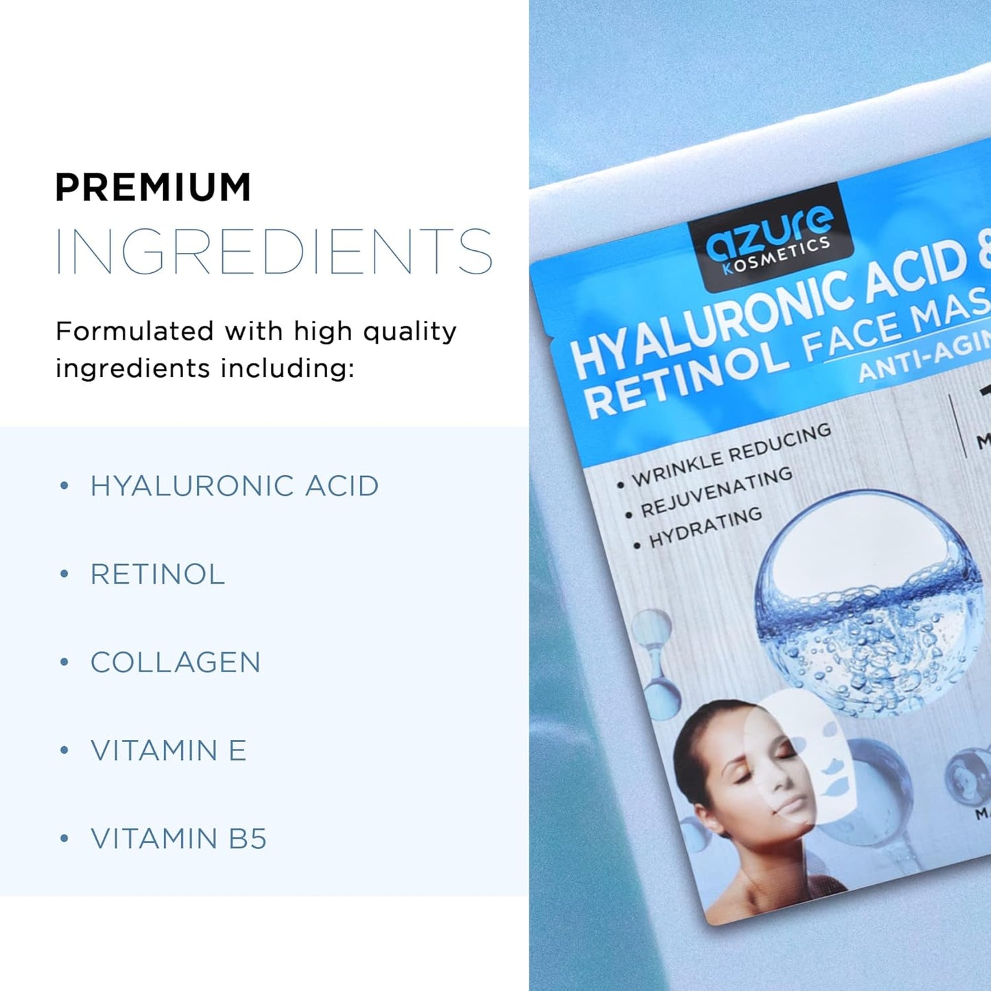 AZURE Hyaluronic Acid & Retinol anti Aging Facial Mask - Dermatologist Tested - Rejuvenating & Hydrating Face Mask - Helps Reduce Fine Lines & Wrinkles, Smooths & Repairs - Korean Skin Care - 5 Pack