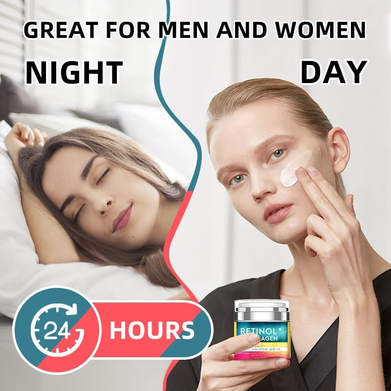 Retinol Cream for Face with Hyaluronic Acid, Day & Night Anti-Aging Moisturizer for Women and Men, Collagen Cream for Face Reduces Wrinkles, Dryness 1.7 FL Oz