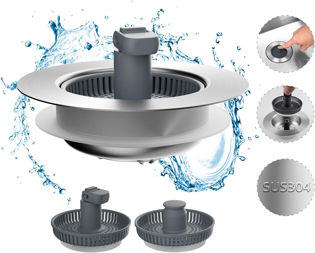 Hibbent Upgraded 3 in 1 Kitchen Sink Drain Strainer and Stopper Combo, Stainless Steel Metal Pop up Sink Stopper, Anti-Clogging Basket with Foldable Handle for US Standard 3-1/2 Inch Drain