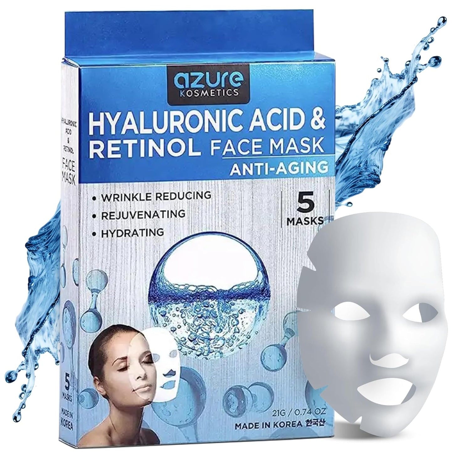 AZURE Hyaluronic Acid & Retinol anti Aging Facial Mask - Dermatologist Tested - Rejuvenating & Hydrating Face Mask - Helps Reduce Fine Lines & Wrinkles, Smooths & Repairs - Korean Skin Care - 5 Pack