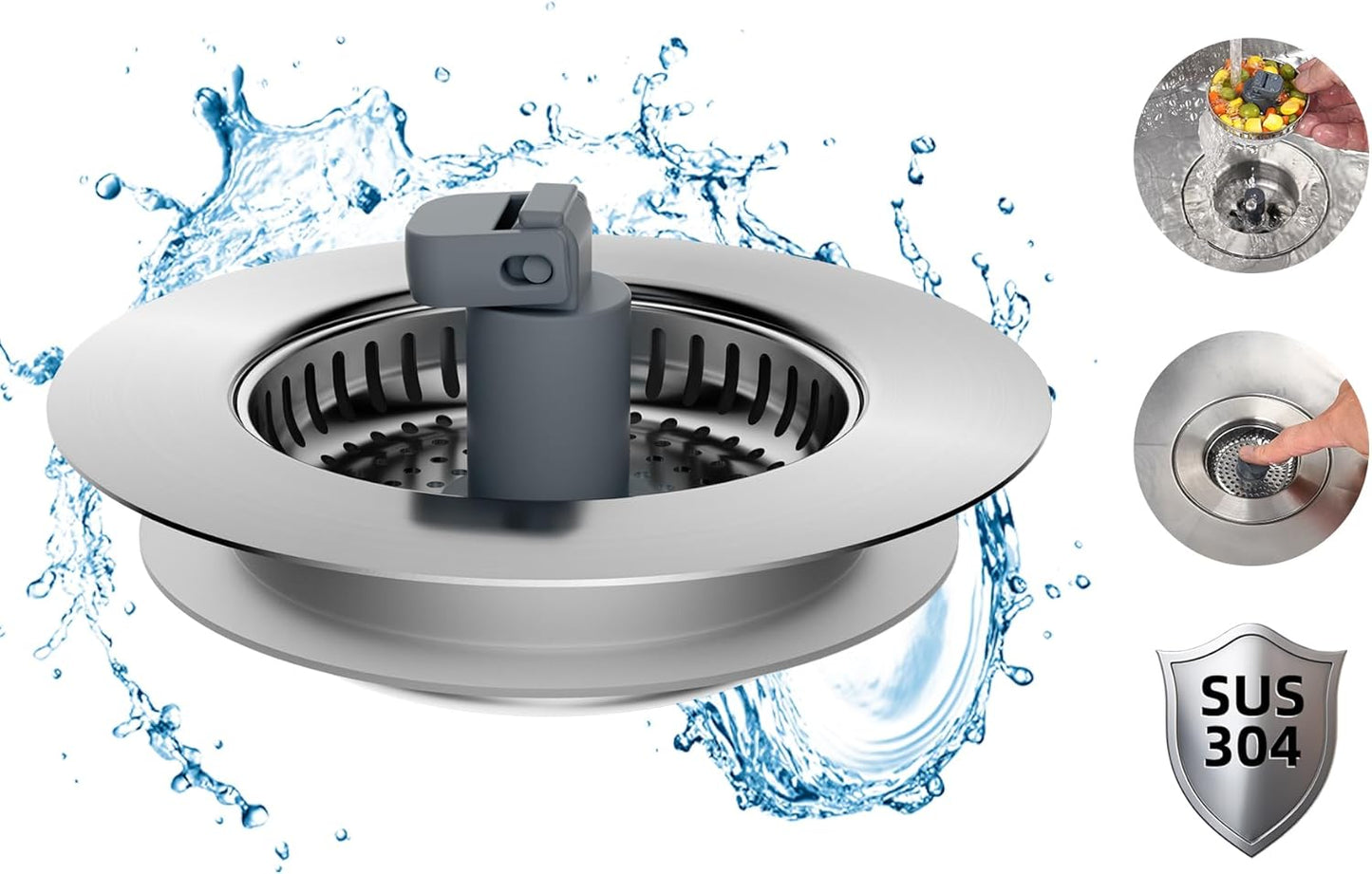 Hibbent Upgraded 3 in 1 Kitchen Sink Drain Strainer and Stopper Combo, Stainless Steel Metal Pop up Sink Stopper, Anti-Clogging Basket with Foldable Handle for US Standard 3-1/2 Inch Drain