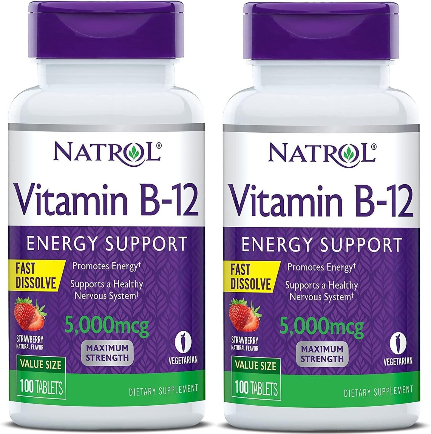 Natrol Vitamin B12 Fast Dissolve Tablets, Promotes Energy, Supports a Healthy Nervous System, Maximum Strength, Strawberry Flavor, 5,000Mcg, 100 Count