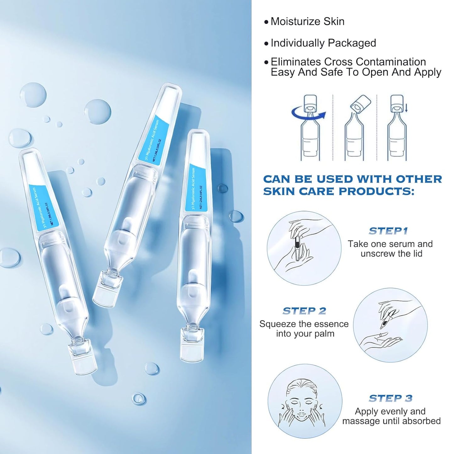30Pcs 3% Hyaluronic Acid Serum Ultra-Hydrating Vials, Hyaluronic Acid Tubes 3%, 3% Hyaluronic Acid Serum for Face, Glass Skin Ultra-Hydrating Serum, Ultra Hydrating Serum (1Box)