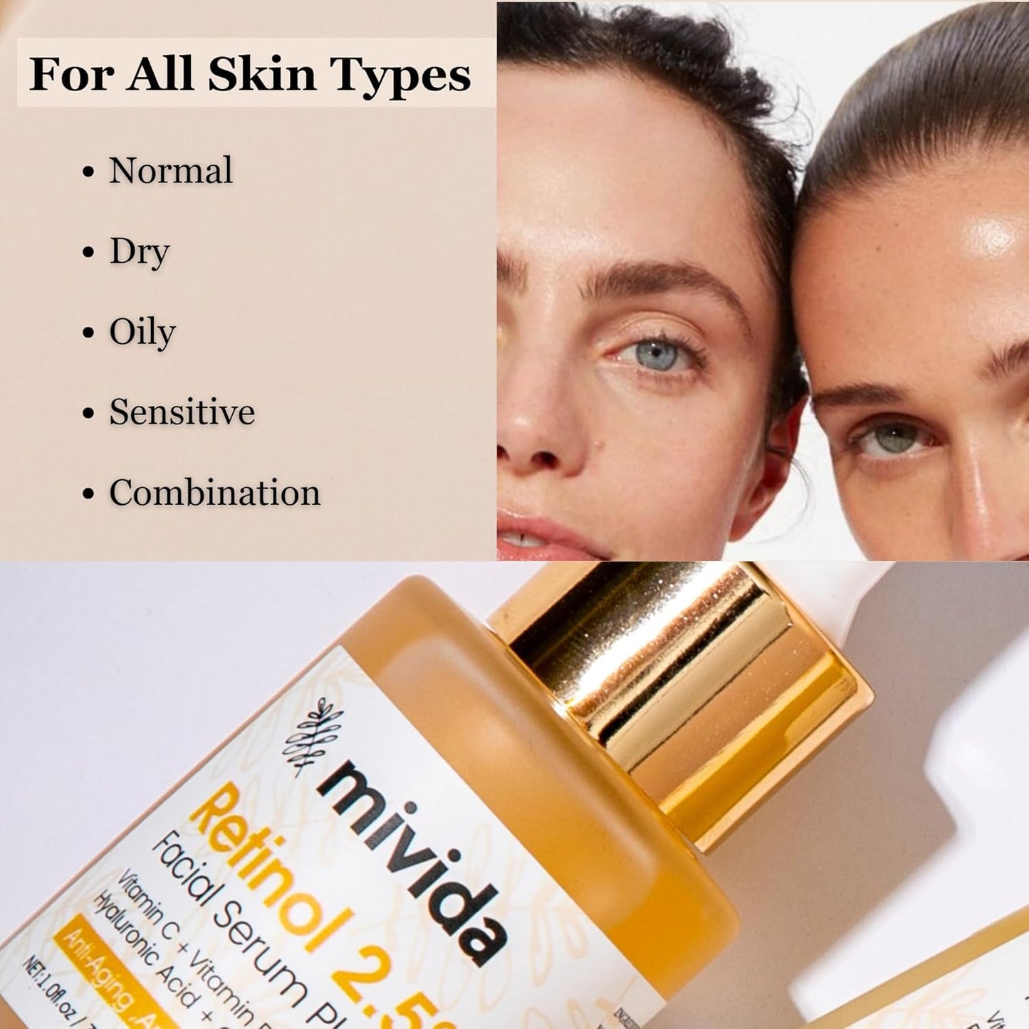Mivida Firming 2.5% Retinol Serum for Face W/Hydrating Hyaluronic Acid, Vit C, E | Daily anti Aging Face Serum to Fight Fine Lines, Wrinkles Smoothing, Dark Spot Corrector, Brighten Dullness - 1 Fl Oz