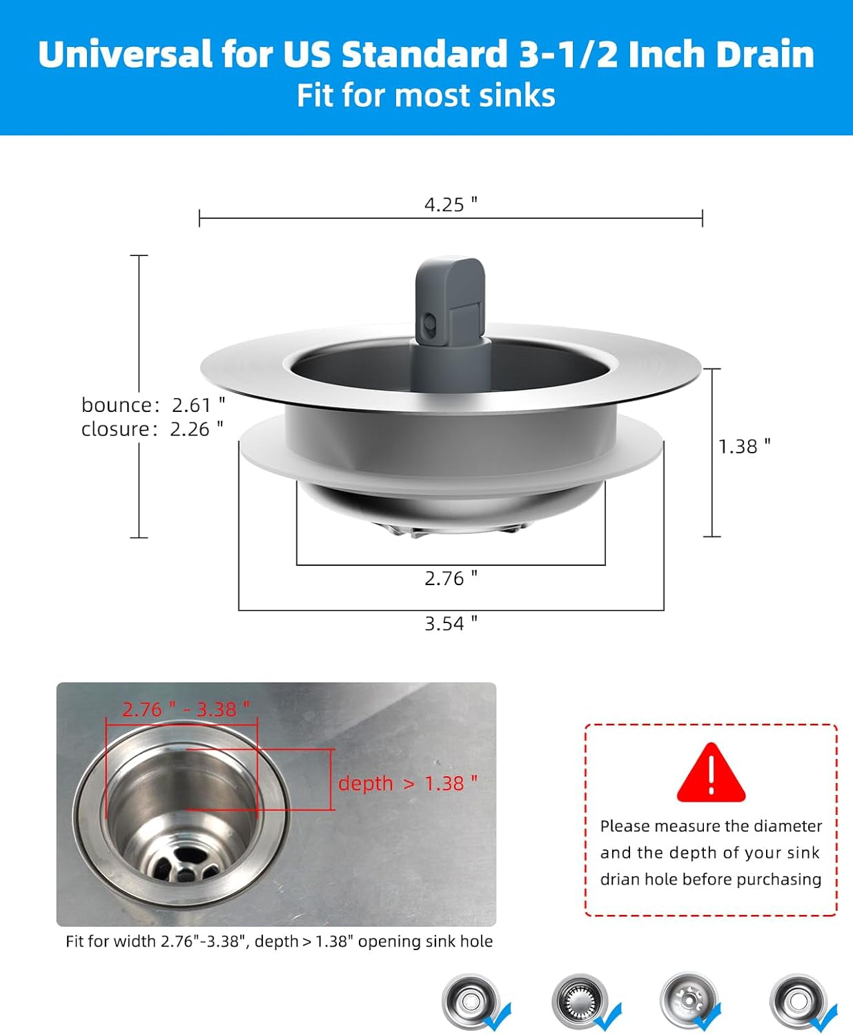 Hibbent Upgraded 3 in 1 Kitchen Sink Drain Strainer and Stopper Combo, Stainless Steel Metal Pop up Sink Stopper, Anti-Clogging Basket with Foldable Handle for US Standard 3-1/2 Inch Drain