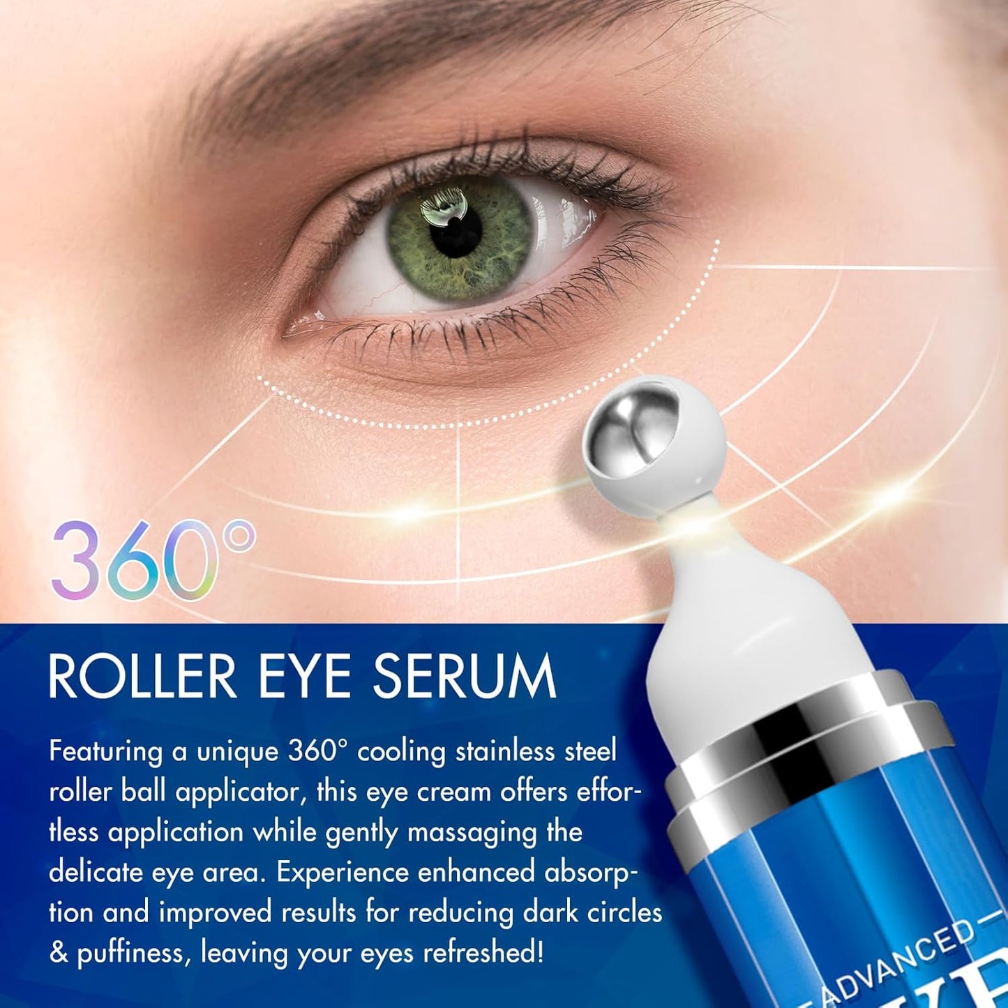 5% Caffeine Eye Serum anti Aging,Under Eye Roller Serum Reduce Dark Circles, Puffiness, Fine Lines, Wrinkles 360° Massage Ball Eye Treatment Serum Eye Balm for Late Nights, Overtime