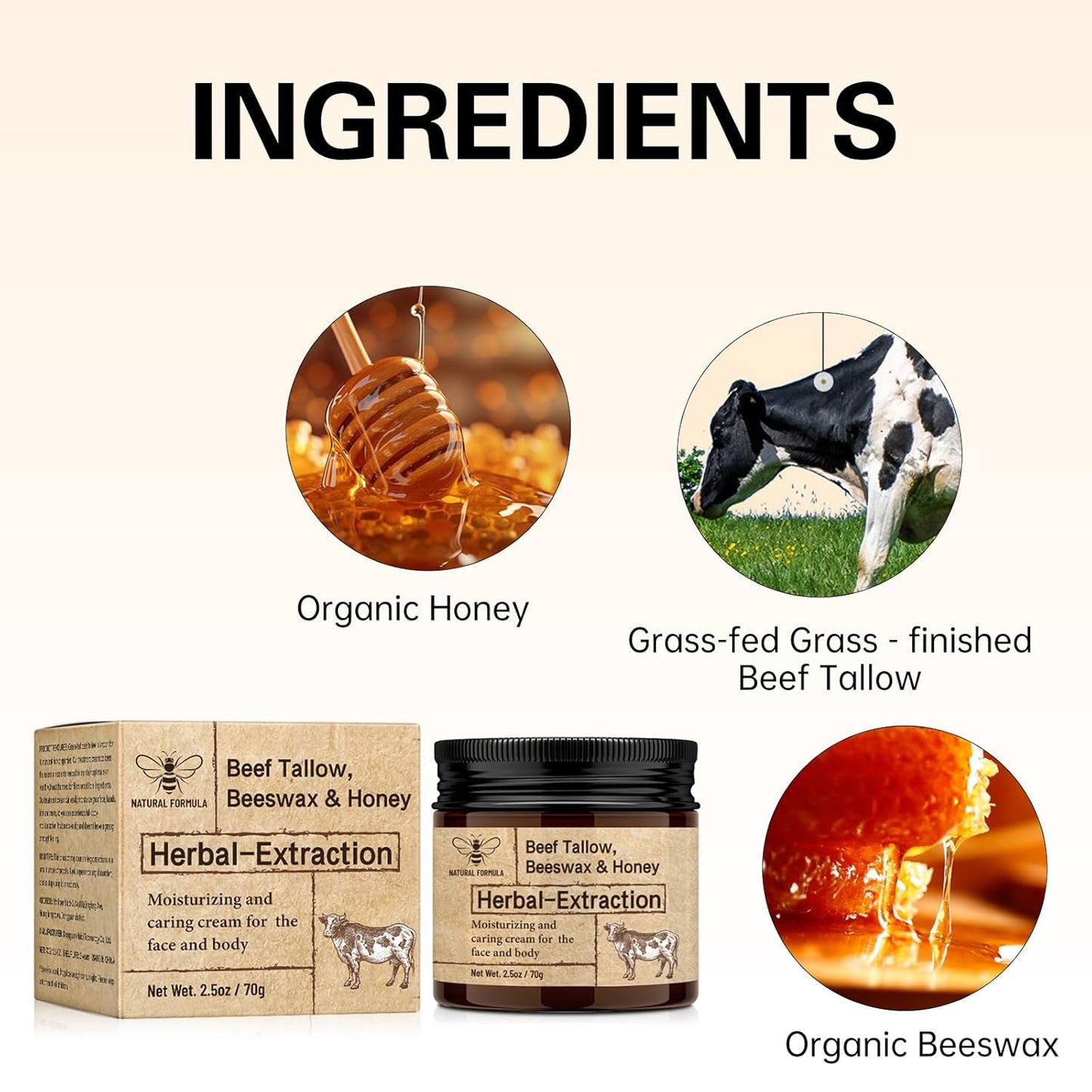 Beef Tallow Beeswax and Honey,Moisturizing Cream for Soft, Smooth Skin,100% Natural Lotion(1Pcs 2.5 FL. Oz.)
