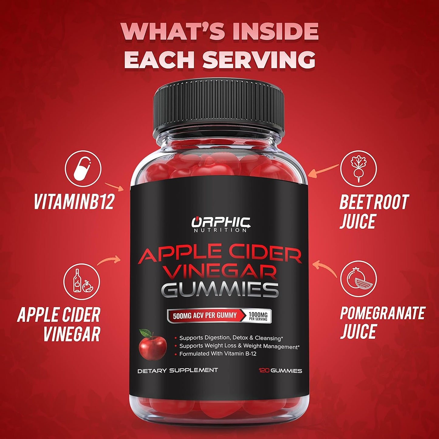 Apple Cider Vinegar Gummies - 1000Mg - Formulated to Support Normal Energy Levels & Gut Health - Supports Digestion, Detox & Cleansing - ACV Gummies W/VIT B12, Beetroot (60 Gummies)