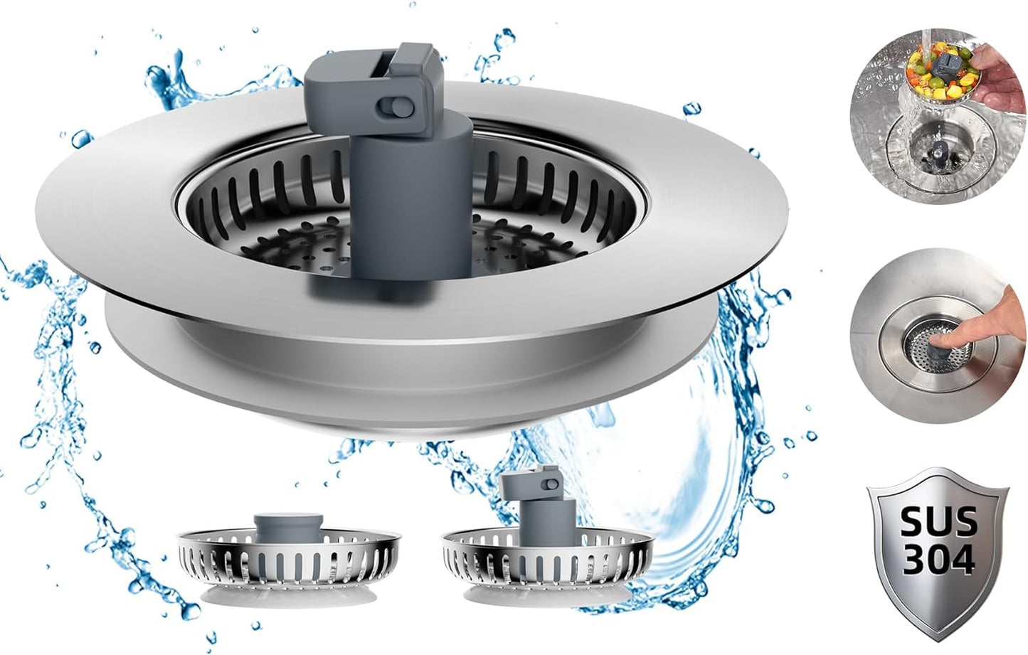 Hibbent Upgraded 3 in 1 Kitchen Sink Drain Strainer and Stopper Combo, Stainless Steel Metal Pop up Sink Stopper, Anti-Clogging Basket with Foldable Handle for US Standard 3-1/2 Inch Drain