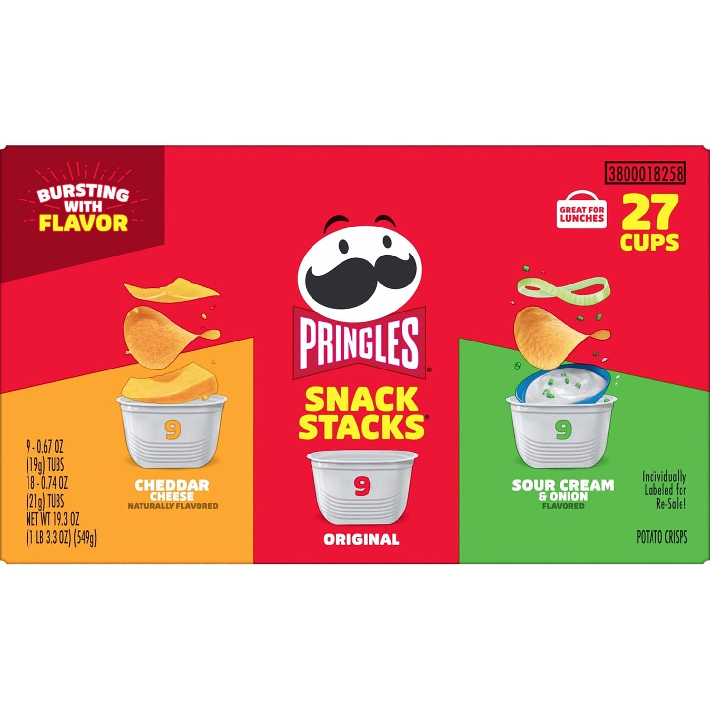 Pringles Potato Crisps Chips, Lunch Snacks, On-The-Go Snacks, Snack Stacks, Variety Pack, 19.3Oz Box (27 Cups)