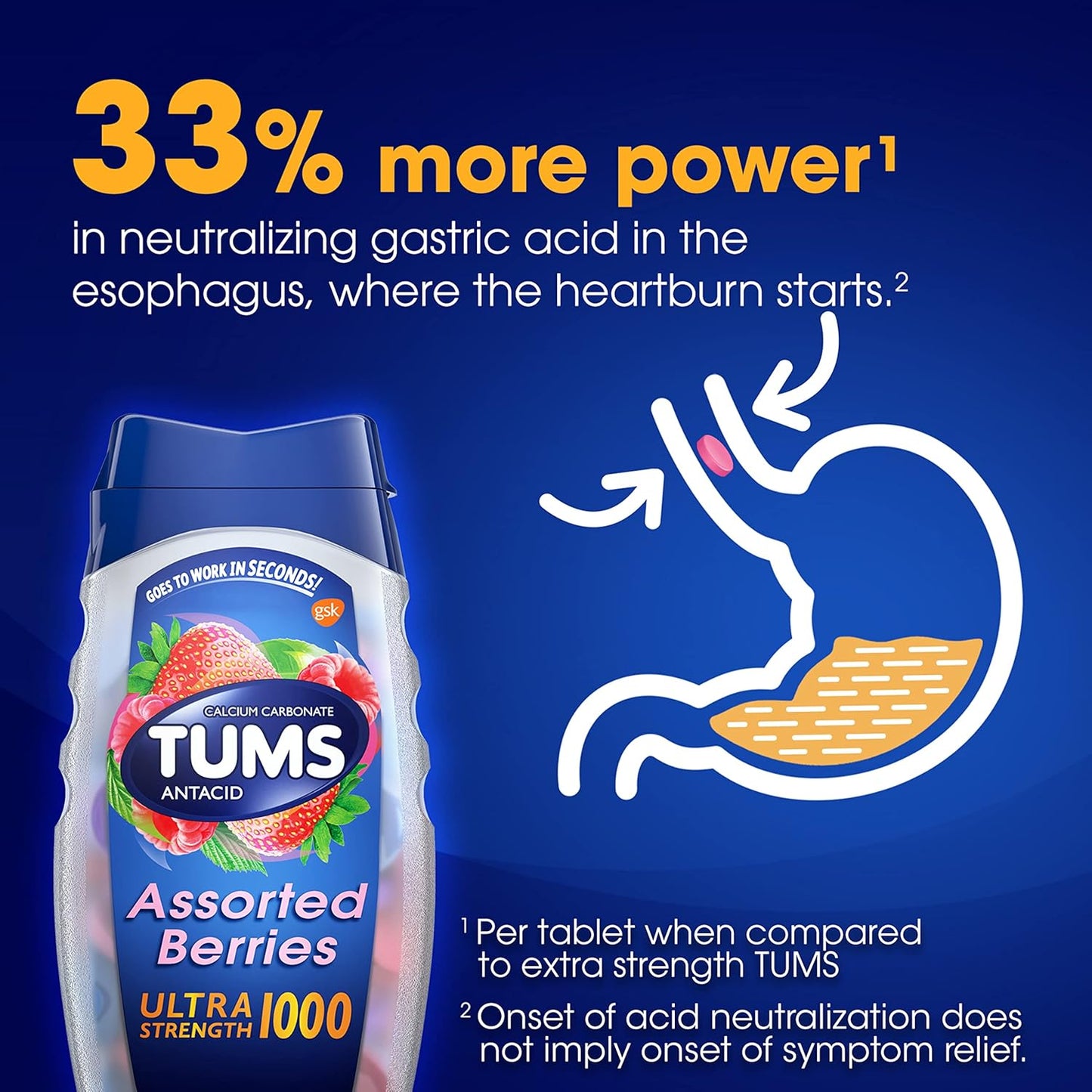 TUMS Ultra Strength Chewable Antacid Tablets for Heartburn Relief and Acid Indigestion Relief, Assorted Berries - 160 Count