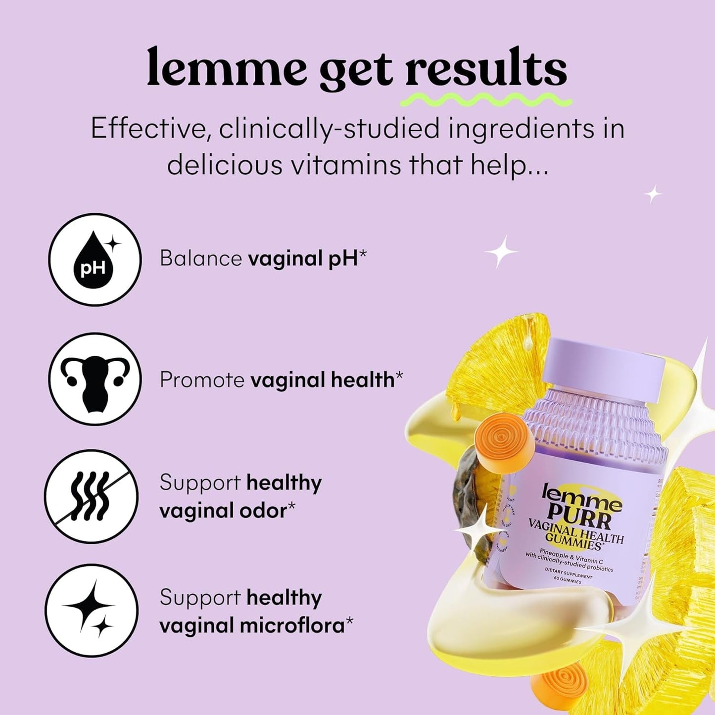 Lemme Purr Vaginal Probiotic Gummies for Women - Balanced Ph, Healthy Odor, Yeast Balance & Flora Support + Vitamin C for Immune Health - Tasty Pineapple (60 Count)