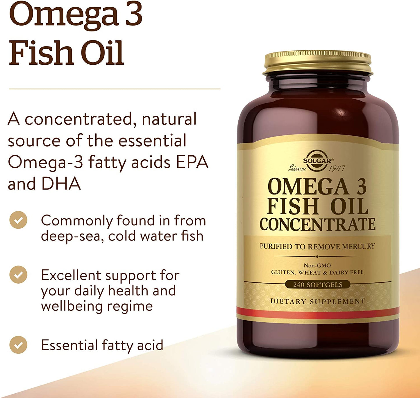 Solgar Omega-3 Fish Oil Concentrate, 240 Softgels - Support for Cardiovascular, Joint & Brain Health - Contains EPA & DHA Fatty Acids - Non GMO, Gluten/ Dairy Free - 120 Servings