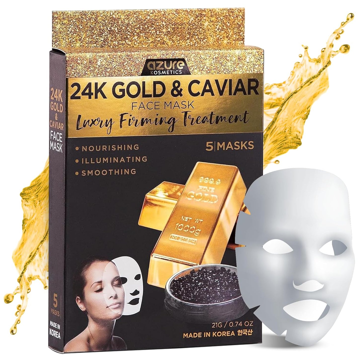AZURE Hyaluronic Acid & Retinol anti Aging Facial Mask - Dermatologist Tested - Rejuvenating & Hydrating Face Mask - Helps Reduce Fine Lines & Wrinkles, Smooths & Repairs - Korean Skin Care - 5 Pack