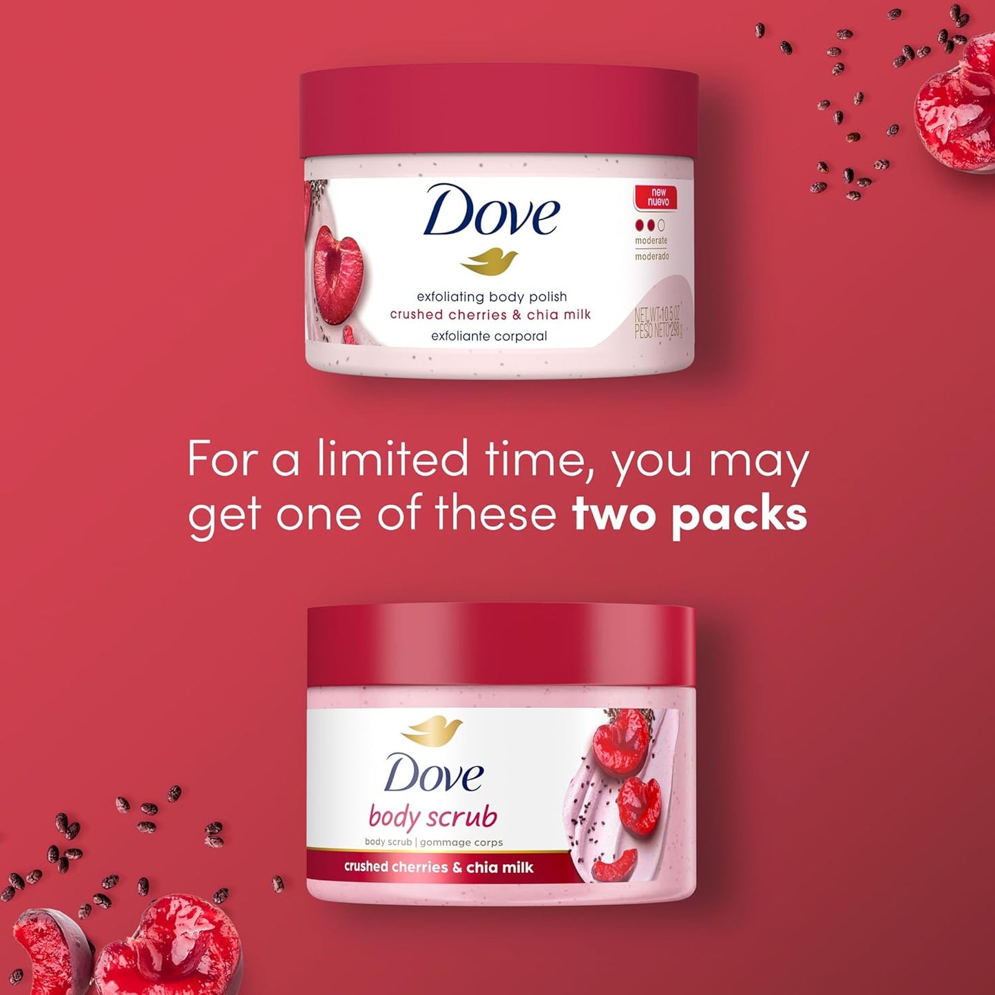 Dove Exfoliating Body Polish Crushed Cherries & Chia Milk Skin Care for Revitalized Skin Formulated with 1/4 Moisturizing Cream 10.5 Oz