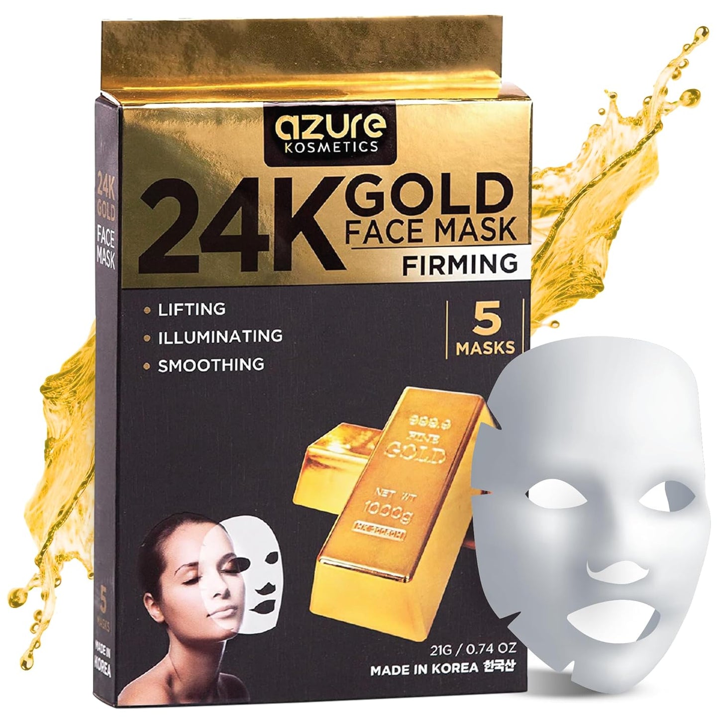 AZURE Hyaluronic Acid & Retinol anti Aging Facial Mask - Dermatologist Tested - Rejuvenating & Hydrating Face Mask - Helps Reduce Fine Lines & Wrinkles, Smooths & Repairs - Korean Skin Care - 5 Pack
