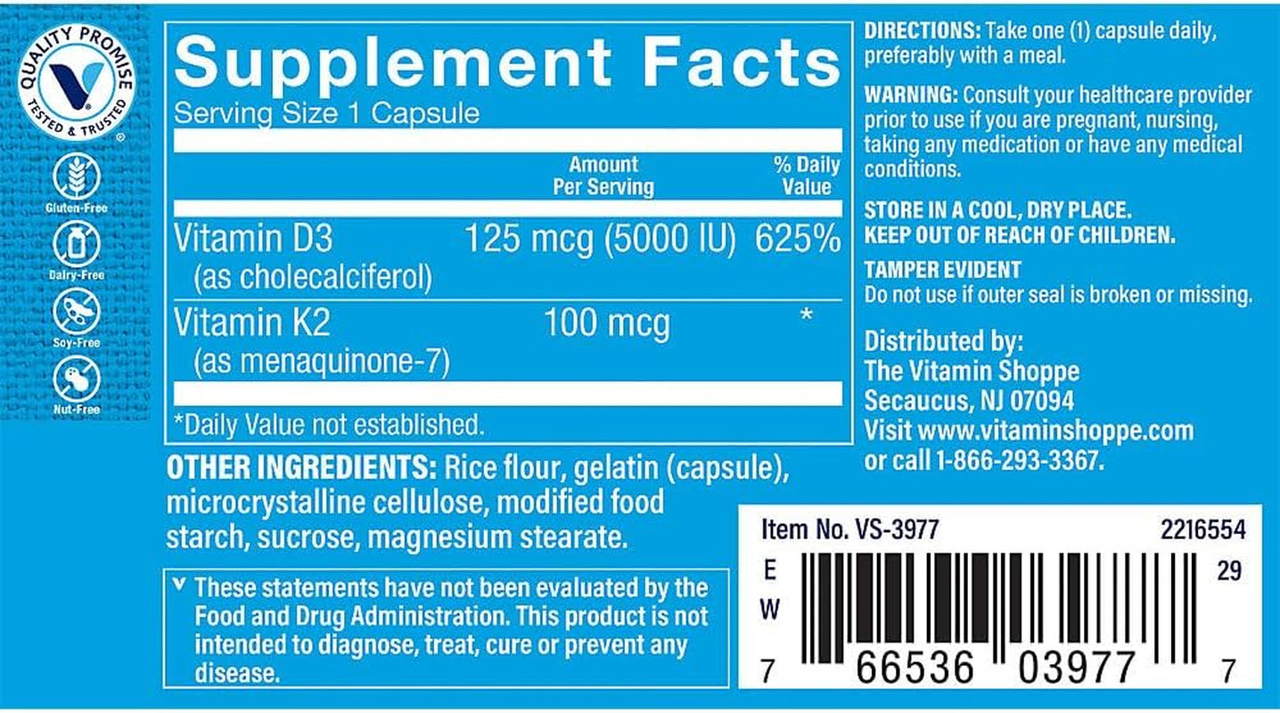 Vitamin D3 & K2 - Immune Support & Bone Health - 5,000 IU (60 Capsules)