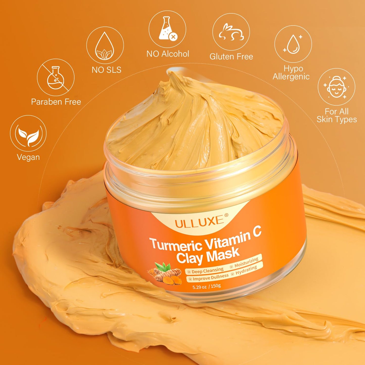 Turmeric Vitamin C Clay Mask for Dark Spots, Dull Skin, Blackheads, Skincare Facial Mask for Cleansing Pores, Moisturizing and Improve Uneven Skin Tone, Face Skincare Gift, 5.29 Oz