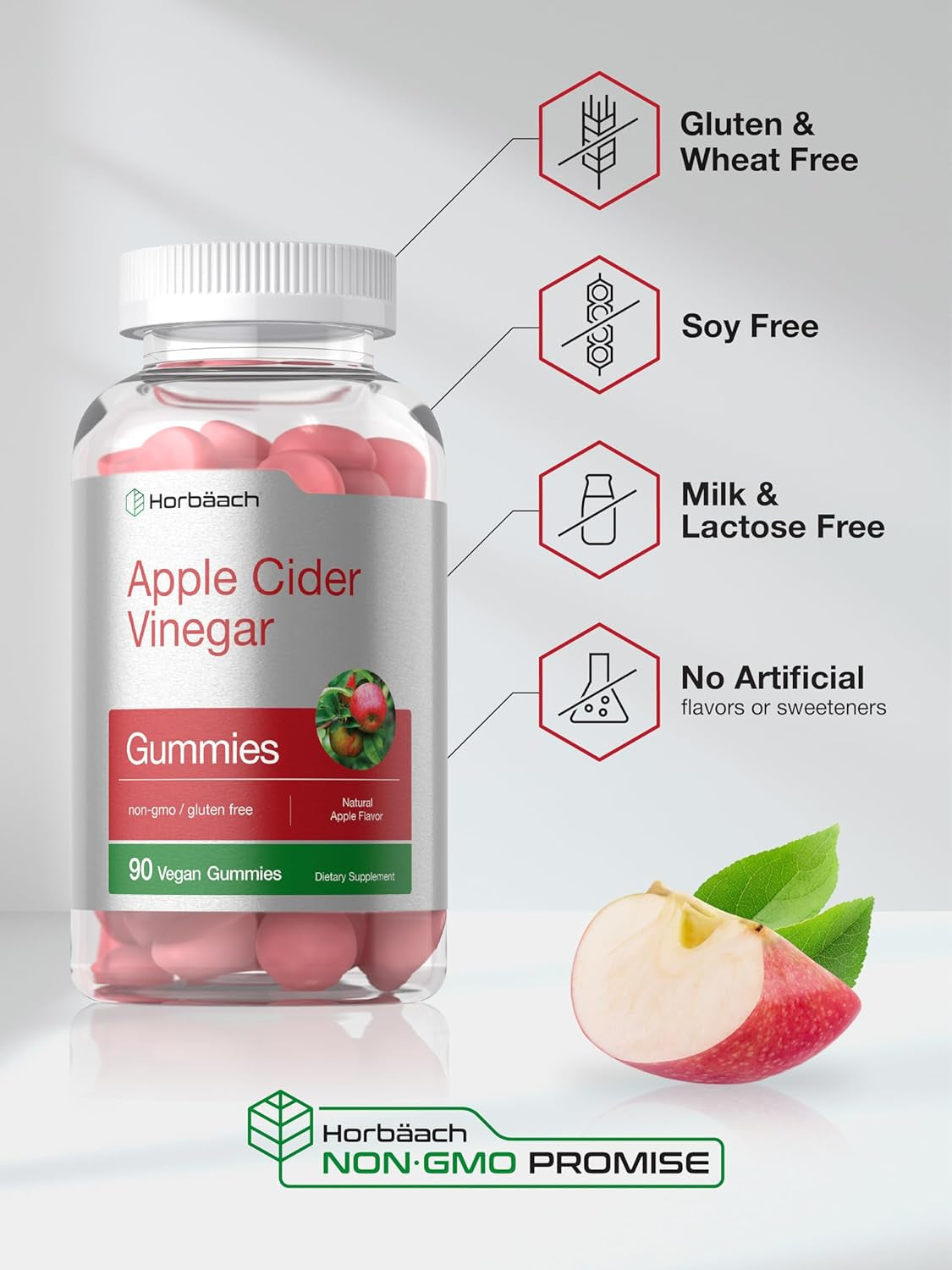 Horbäach Vegan Apple Cider Vinegar Gummies | 90 Count | ACV Supplement | Apple Flavor | Non-Gmo, Gluten Free Gummies for Adults