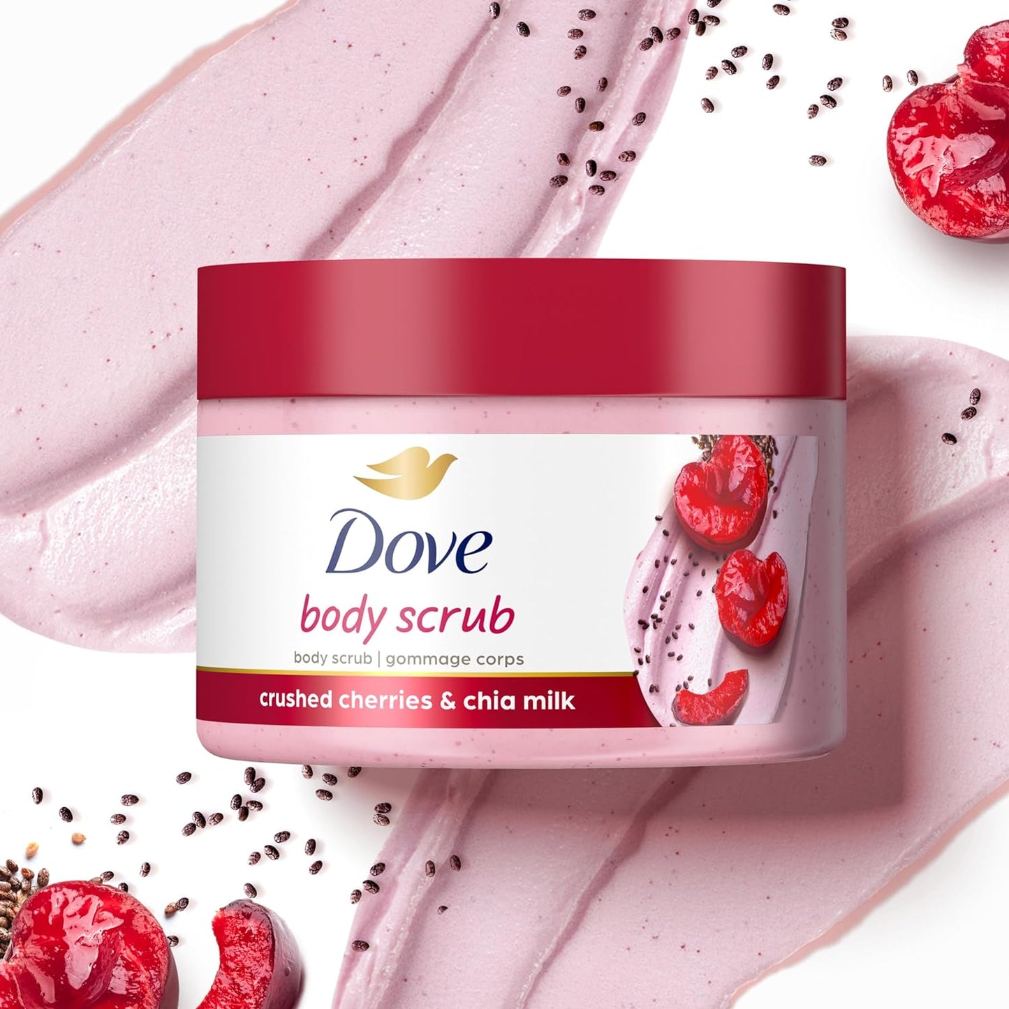 Dove Exfoliating Body Polish Crushed Cherries & Chia Milk Skin Care for Revitalized Skin Formulated with 1/4 Moisturizing Cream 10.5 Oz