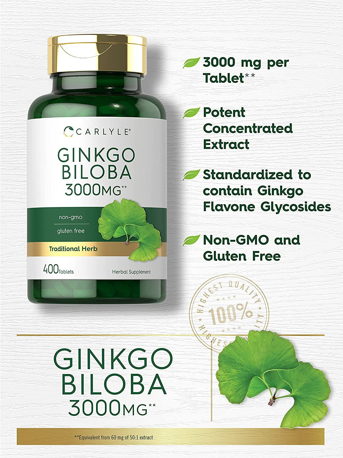 Carlyle Ginkgo Biloba 3000Mg | 400 Tablets | Non-Gmo, Gluten Free Herbal Supplement