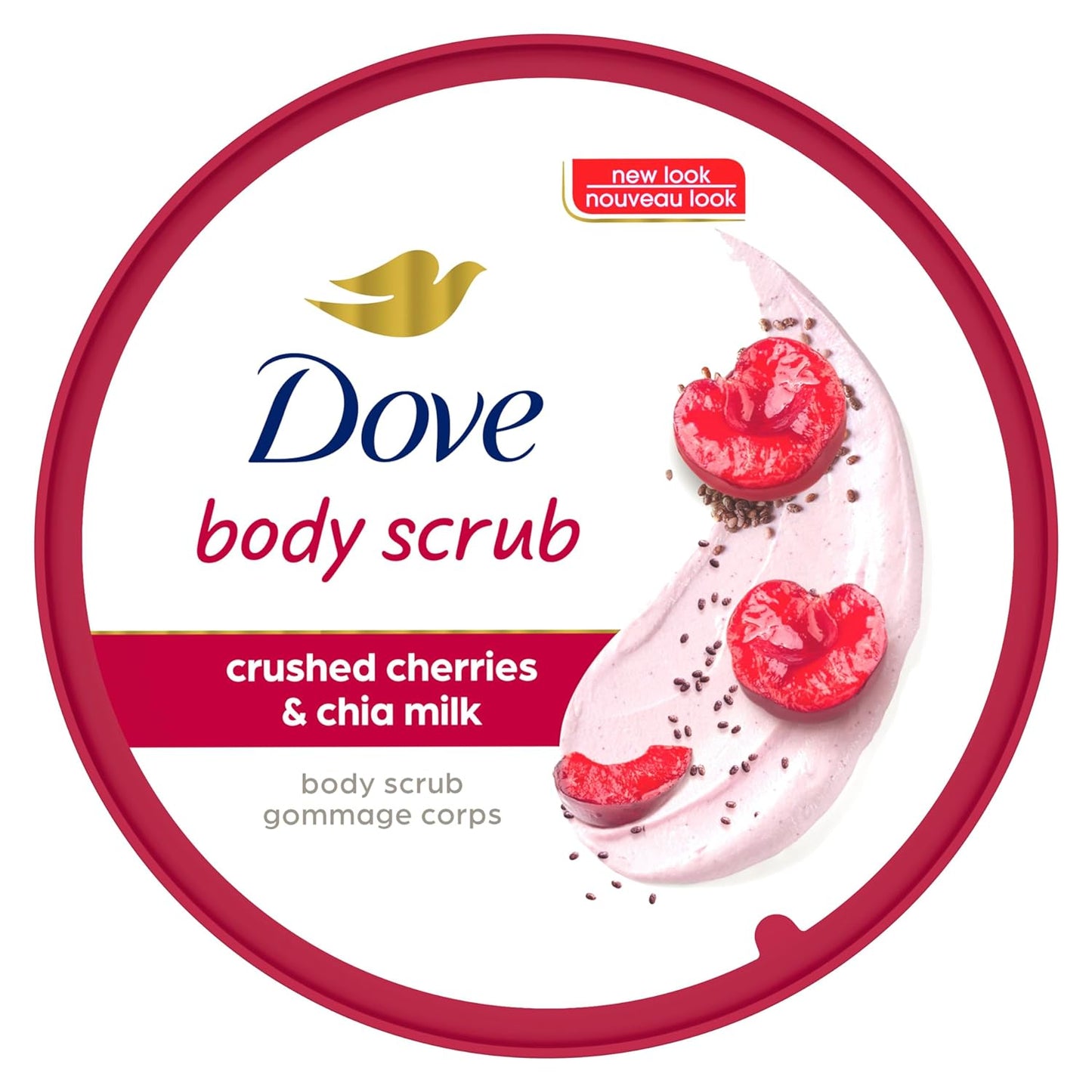 Dove Exfoliating Body Polish Crushed Cherries & Chia Milk Skin Care for Revitalized Skin Formulated with 1/4 Moisturizing Cream 10.5 Oz