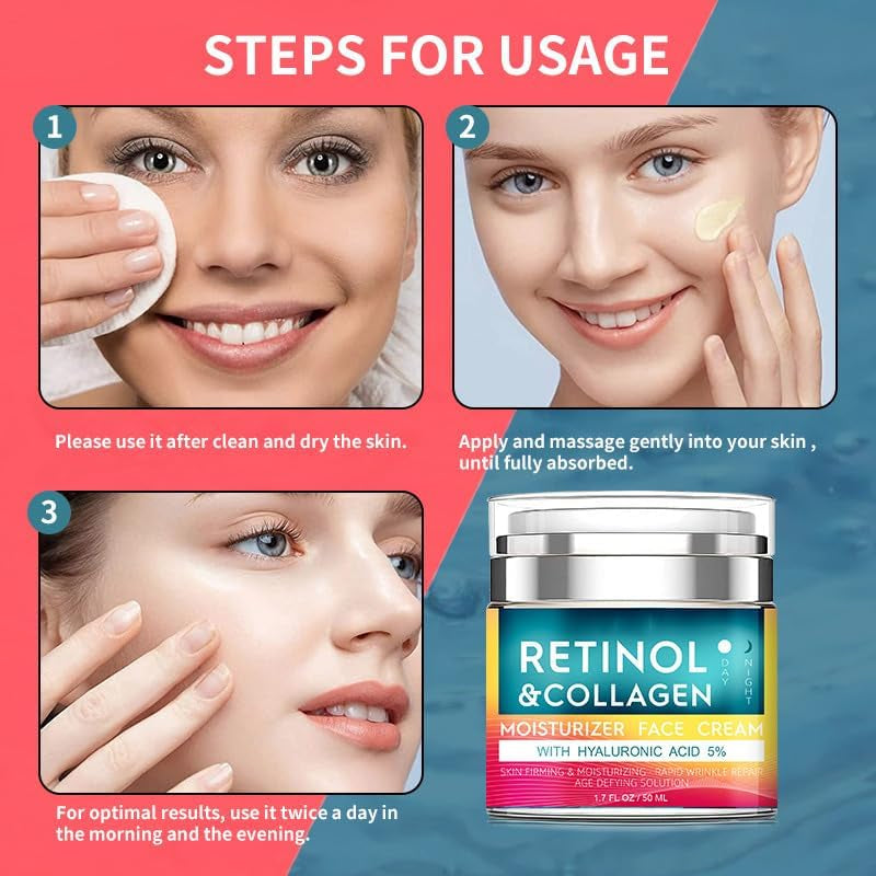 Retinol Cream for Face with Hyaluronic Acid, Day & Night Anti-Aging Moisturizer for Women and Men, Collagen Cream for Face Reduces Wrinkles, Dryness 1.7 FL Oz