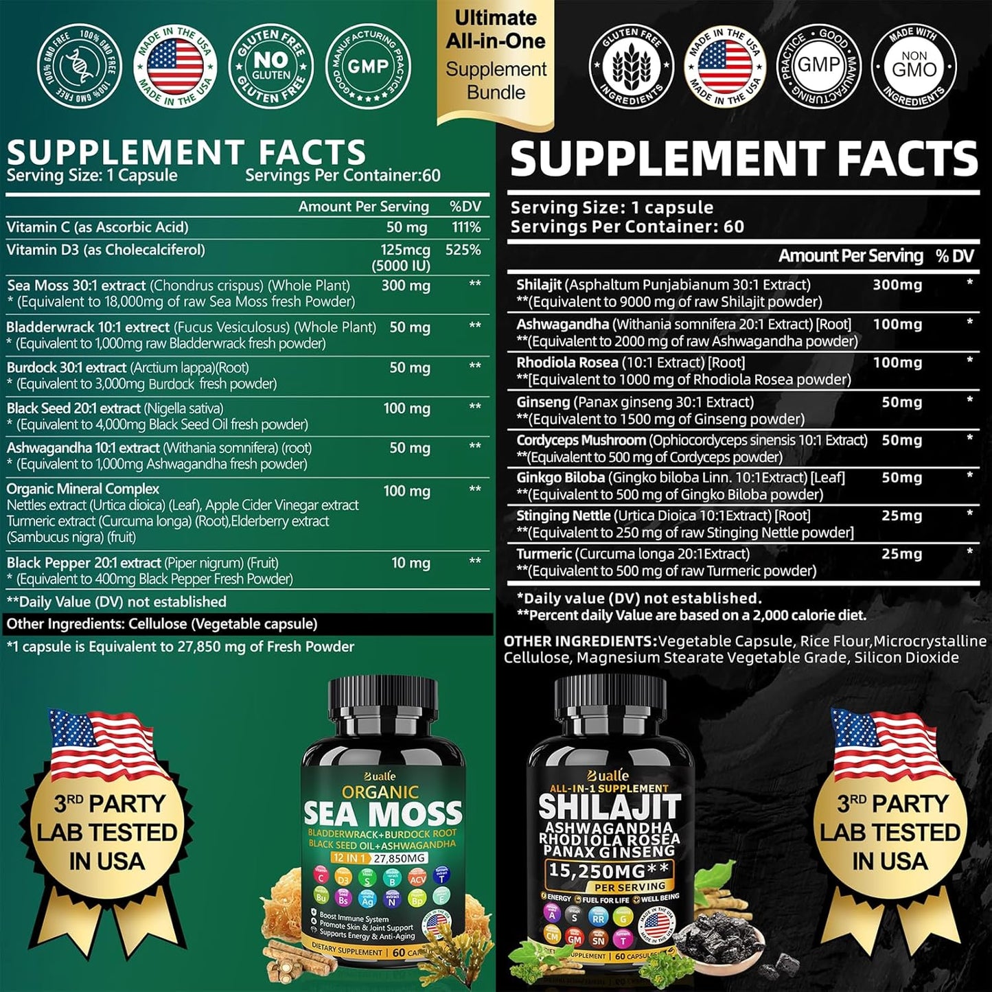 Sea Moss and Shilajit Bundle - 60 Count - Sea Moss 18000Mg, Black Seed Oil 4000Mg, Ashwagandha 1000Mg, Ginger & Shilajit 9000Mg, Rhodiola Rosea 1000Mg, All in 1 Supplements (2 Pack)