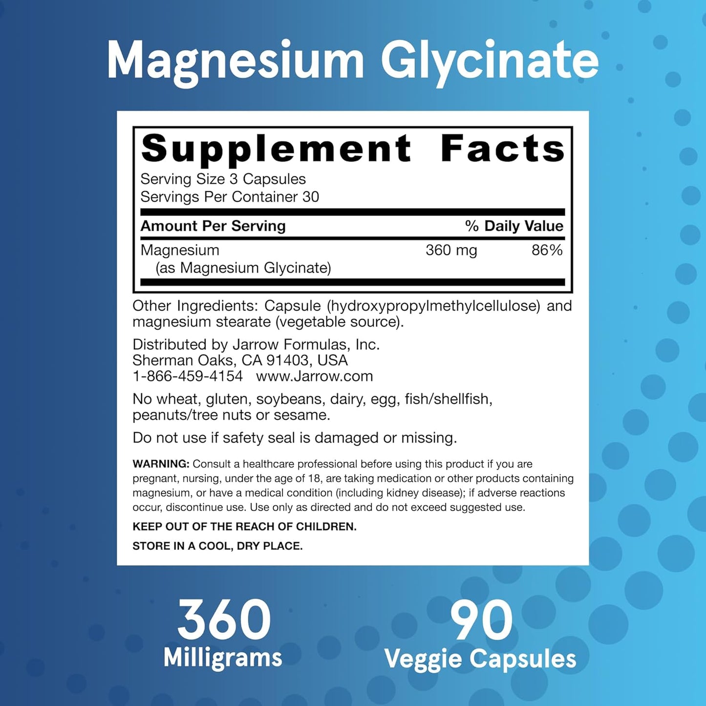 Jarrow Formulas Magnesium Glycinate, Dietary Supplement, Supports Relaxation and Healthy Sleep, 360 Mg per Serving, 90 Veggie Capsules, up to a 30 Day Supply