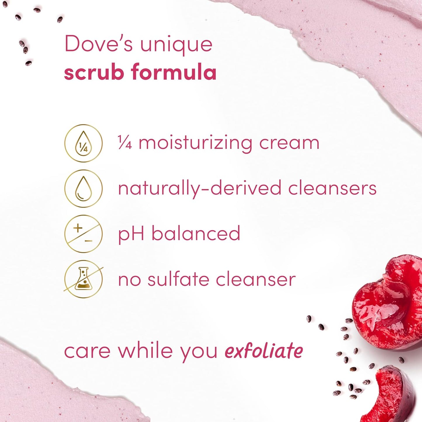 Dove Exfoliating Body Polish Crushed Cherries & Chia Milk Skin Care for Revitalized Skin Formulated with 1/4 Moisturizing Cream 10.5 Oz