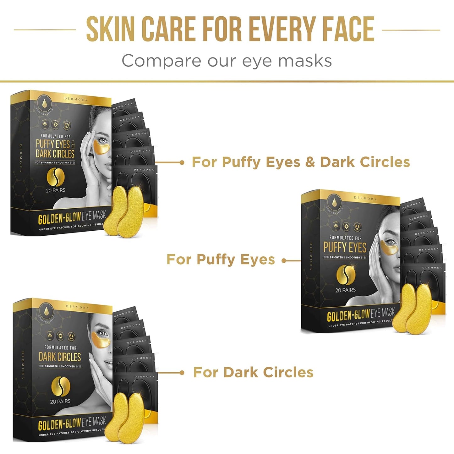 DERMORA Golden Glow under Eye Patches (20 Pairs Eye Gels) - Rejuvenating Treatment for Dark Circles, Puffy Eyes, Refreshing, Revitalizing, Travel, Wrinkles