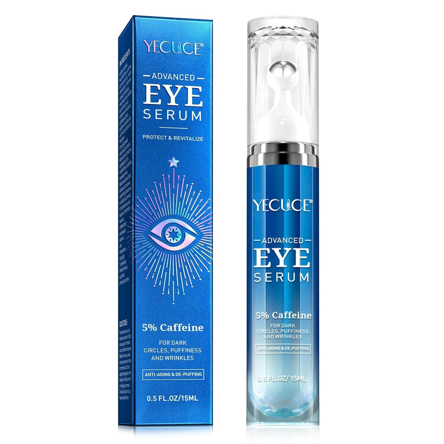 5% Caffeine Eye Serum anti Aging,Under Eye Roller Serum Reduce Dark Circles, Puffiness, Fine Lines, Wrinkles 360° Massage Ball Eye Treatment Serum Eye Balm for Late Nights, Overtime