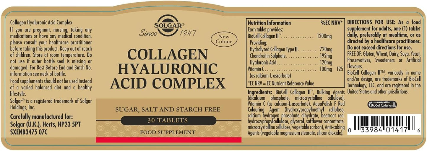 Solgar Collagen Hyaluronic Acid Complex, 30 Tablets - Hydrolyzed Collagen Type 2 - Helps with Fine Lines & Wrinkles - Boosts Skin Collagen & Elasticity - Non-Gmo, Gluten & Dairy Free - 30 Servings