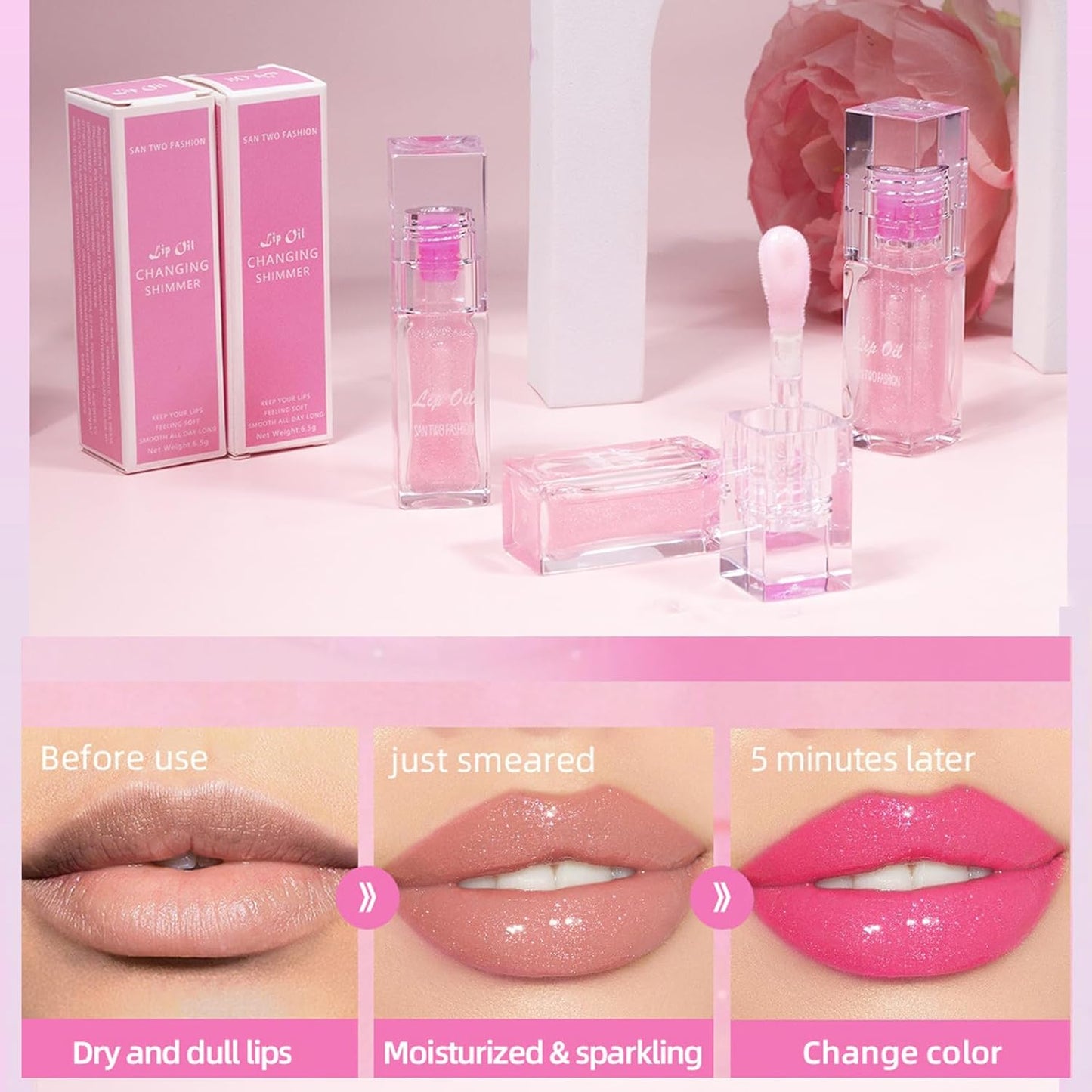 Magic Color Changing Lip Oil Ph Activated, Moisturizing Lip Gloss Tinted, Plumping Lip Oil Hydrating Lip Gloss, Glitter Lip Gloss for Women, Lip Stain Oil Long Lasting Non-Sticky Lip Balm (1Pcs)