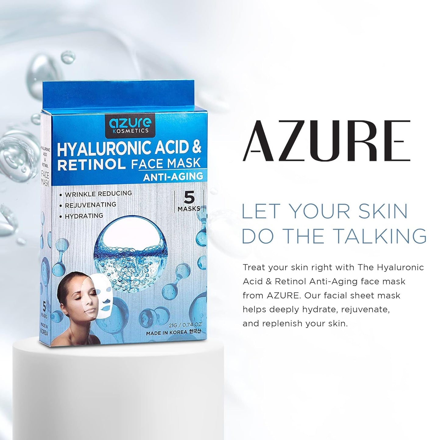 AZURE Hyaluronic Acid & Retinol anti Aging Facial Mask - Dermatologist Tested - Rejuvenating & Hydrating Face Mask - Helps Reduce Fine Lines & Wrinkles, Smooths & Repairs - Korean Skin Care - 5 Pack