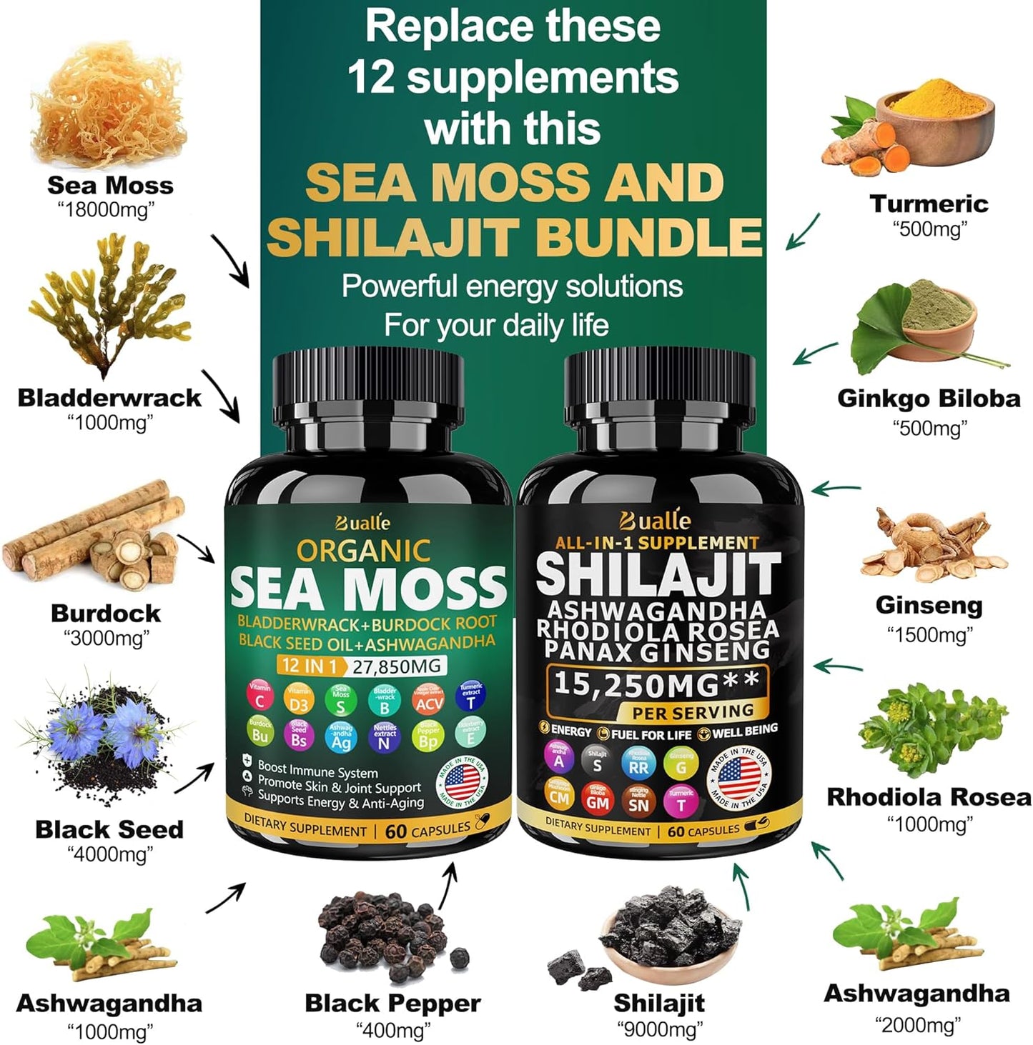 Sea Moss and Shilajit Bundle - 60 Count - Sea Moss 18000Mg, Black Seed Oil 4000Mg, Ashwagandha 1000Mg, Ginger & Shilajit 9000Mg, Rhodiola Rosea 1000Mg, All in 1 Supplements (2 Pack)