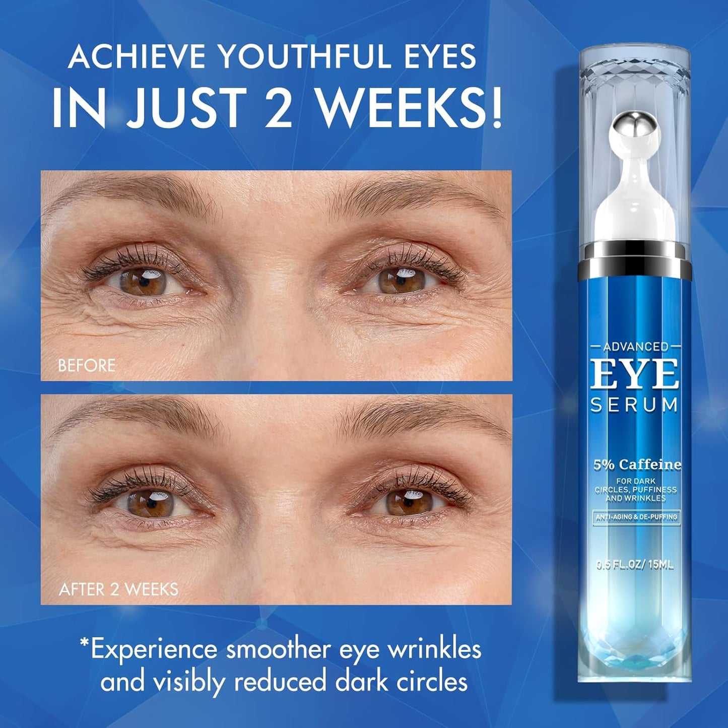 5% Caffeine Eye Serum anti Aging,Under Eye Roller Serum Reduce Dark Circles, Puffiness, Fine Lines, Wrinkles 360° Massage Ball Eye Treatment Serum Eye Balm for Late Nights, Overtime