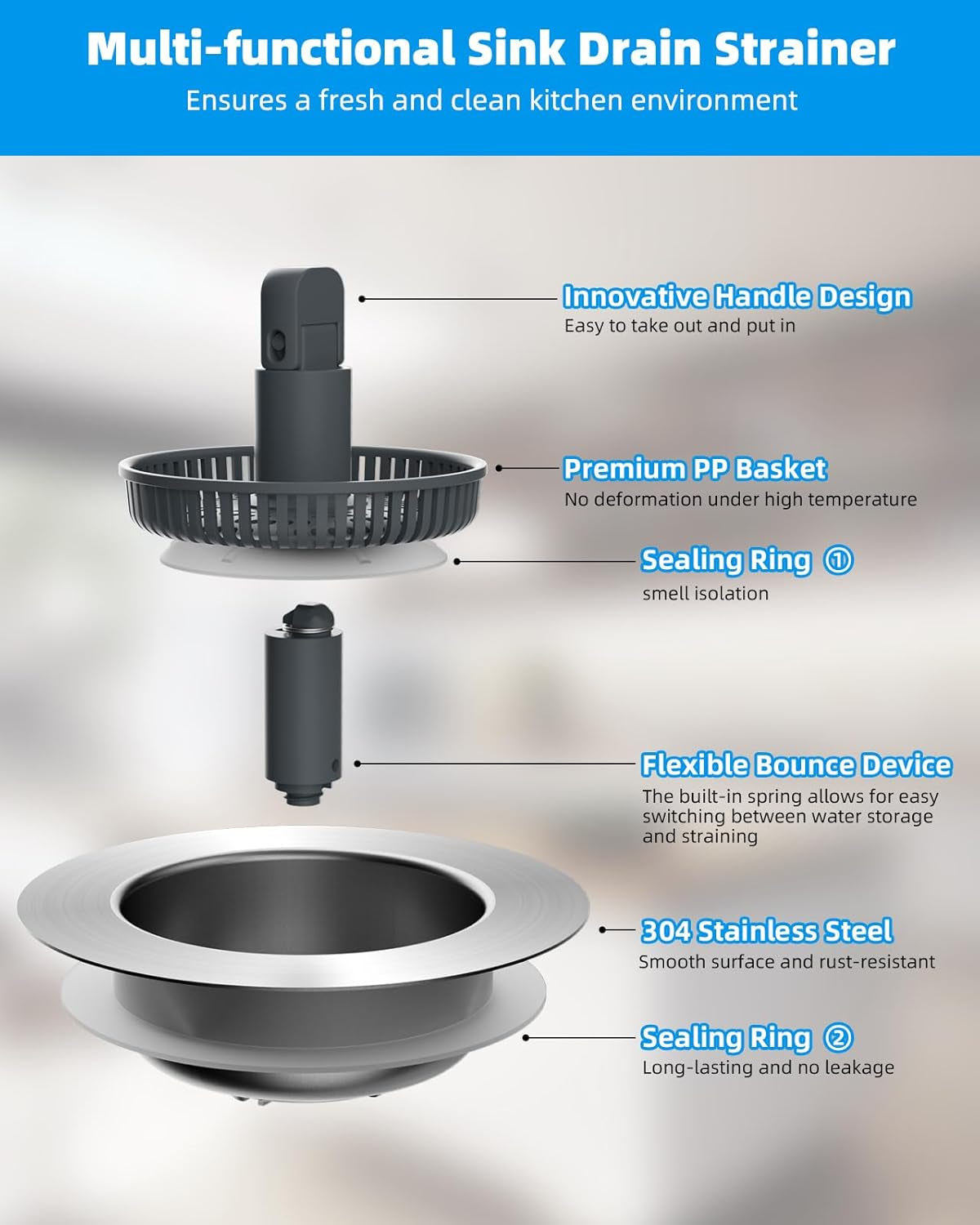 Hibbent Upgraded 3 in 1 Kitchen Sink Drain Strainer and Stopper Combo, Stainless Steel Metal Pop up Sink Stopper, Anti-Clogging Basket with Foldable Handle for US Standard 3-1/2 Inch Drain