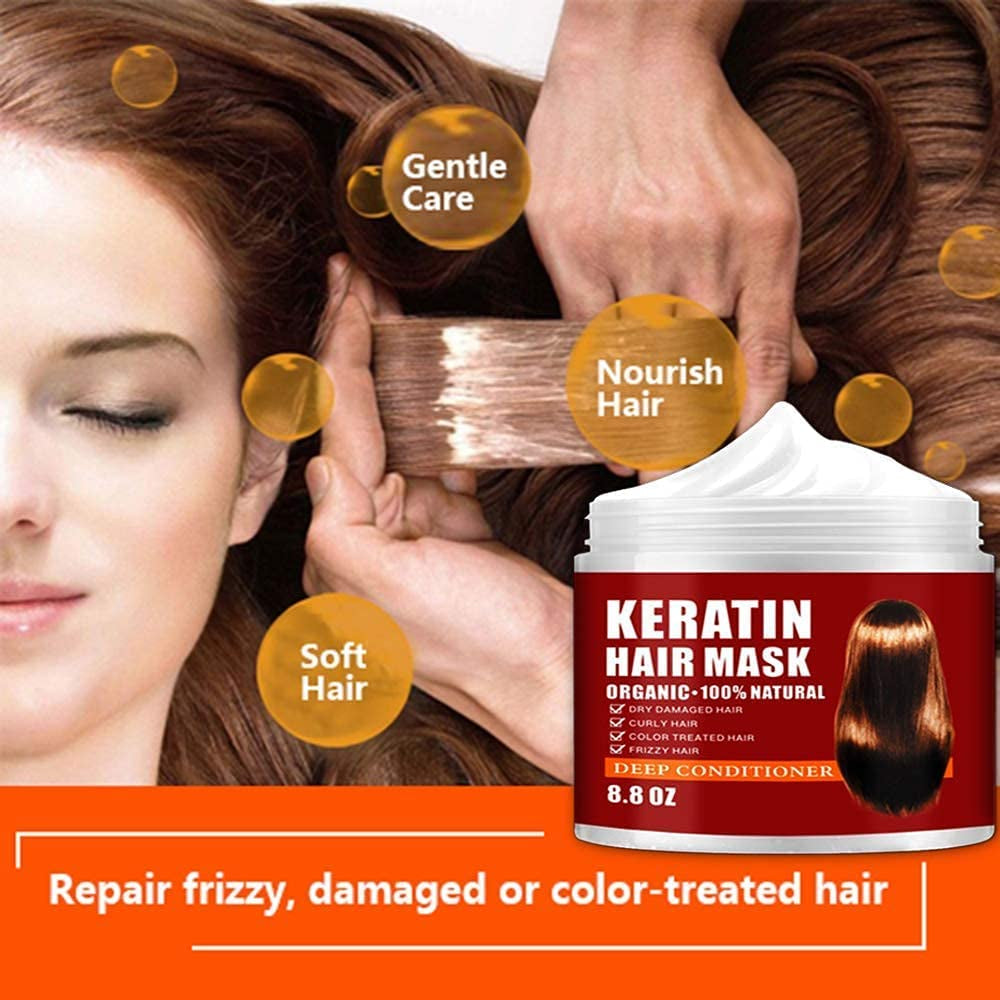 Keratin Hair Mask,Keratin Hair Treatment 250G Hair Mask for Dry Damaged Hair,Hair Treatment Mask Deep Repair Damage Hair Root,Natural Deep Conditioner Hydrating Hair Masque