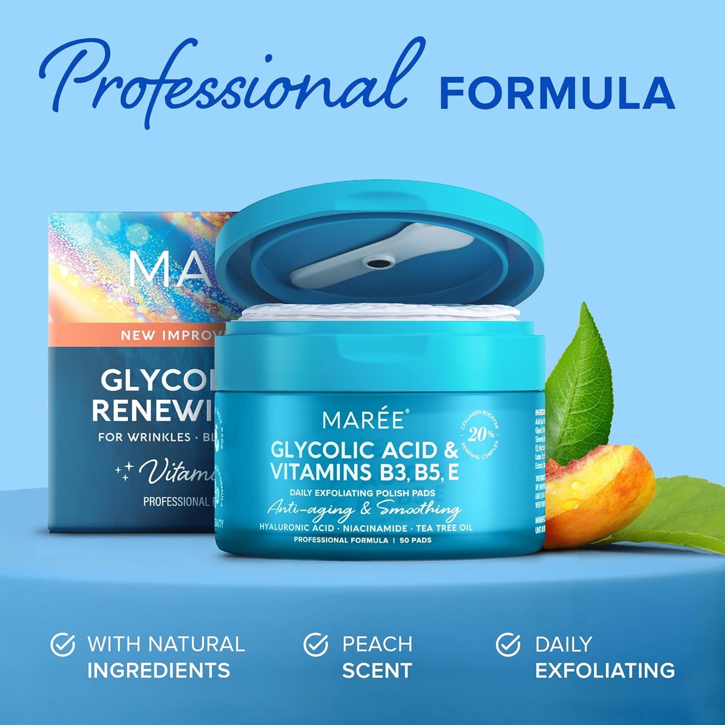 MAREE Glycolic Acid Pads - Toner Pads for Face Cleansing with Tea Tree Oil - Exfoliating Pads with Salicylic Acid & Vitamins E, B3, B5 - Face Pads Facial Peel & Radiance Deep Cleaning Effect - 50 Pads