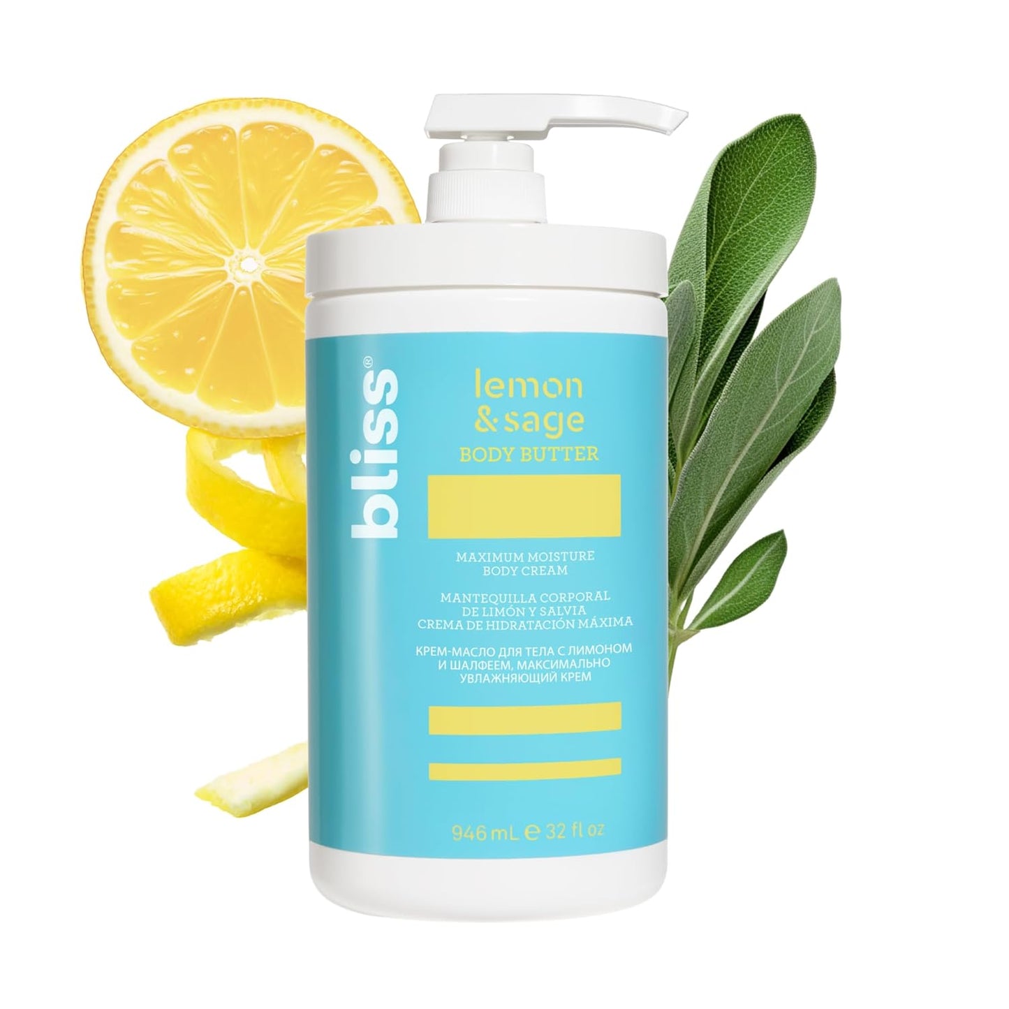Bliss Lemon and Sage Body Butter - Maximum Moisture Cream - 6.7 Fl Oz Lotion for Dry Skin - Long-Lasting Moisturizer for Women & Men - Vegan and Cruelty-Free