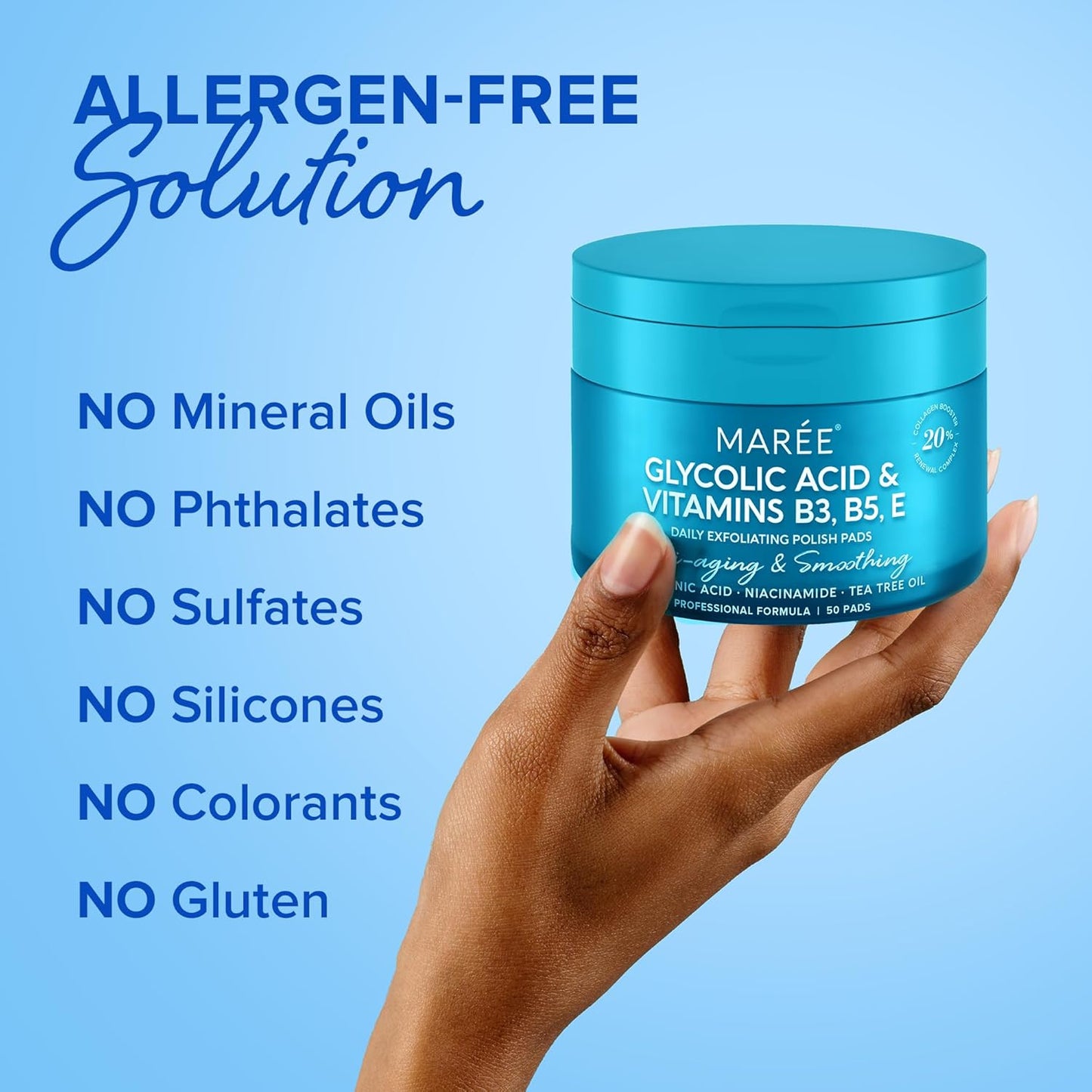 MAREE Glycolic Acid Pads - Toner Pads for Face Cleansing with Tea Tree Oil - Exfoliating Pads with Salicylic Acid & Vitamins E, B3, B5 - Face Pads Facial Peel & Radiance Deep Cleaning Effect - 50 Pads