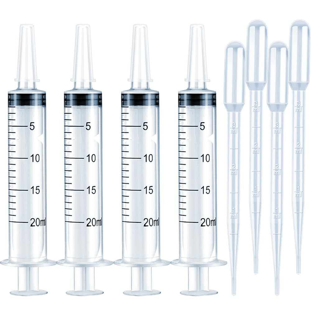 4 Pack 20Ml Syringes for Lip Gloss Making Supplies Liquid TKP Lipgloss Base Flavoring Oil Oral Medicine Injection Feeding- with Tip Cap and Pipettes